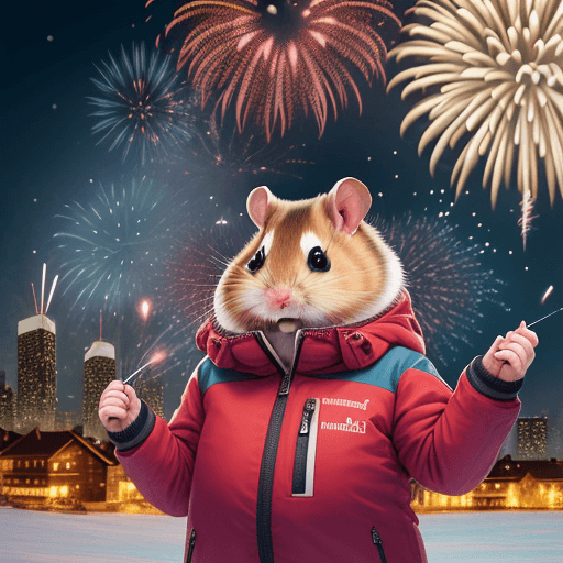 AI generated: a funny fattish hamster giggling with fireworks and a ski jacket in front of a Hamelin skyline