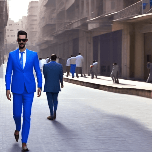 AI generated: a man wearing a blue linen suit in day light with sunglasses walking  in downtown cairo street make ...