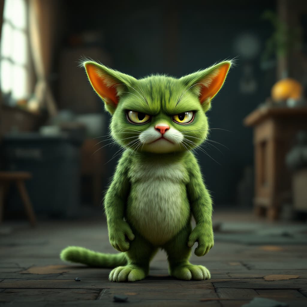 AI generated: "stunning image of a cute adorable grouchy green cat with oversized ears, stares directly at the cam...