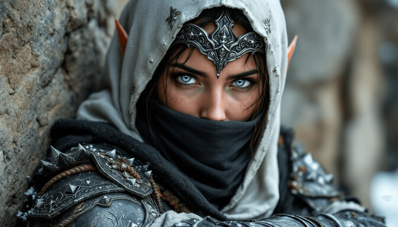 AI generated: female warrior, young adult, likely Middle Eastern, wearing intricate, dark-gray metal armor with br...