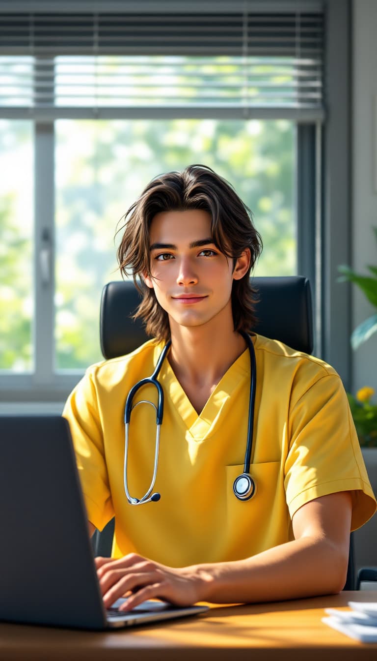 AI generated: Anime sweet boy with long hair, wearing yellow scrubs, handsome, sitting on a chair in front of a la...