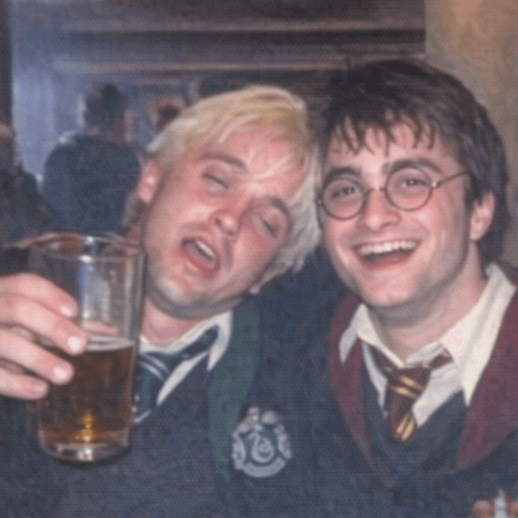 AI generated: Tom Felton and Harry Potter, low quality, draco malfoy, drunk