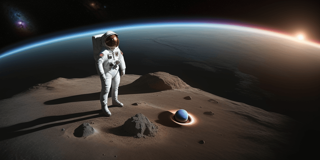 AI generated: Hyper realistic eye level exterior photo of an astronaut standing on a planet looking at 3 planets w...