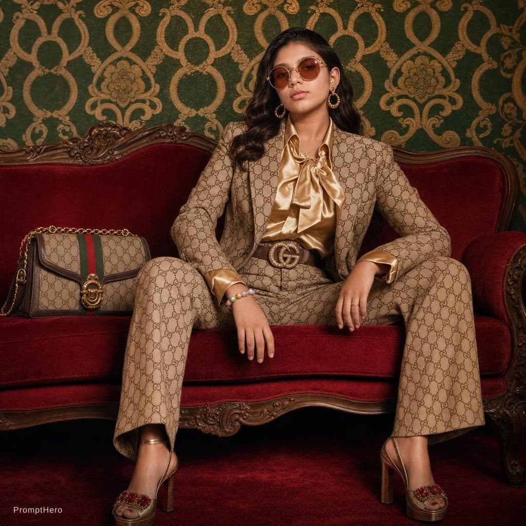 AI generated: {
  "scene": {
    "type": "fashion editorial",
    "theme": "Gucci vintage luxury",
    "settin...