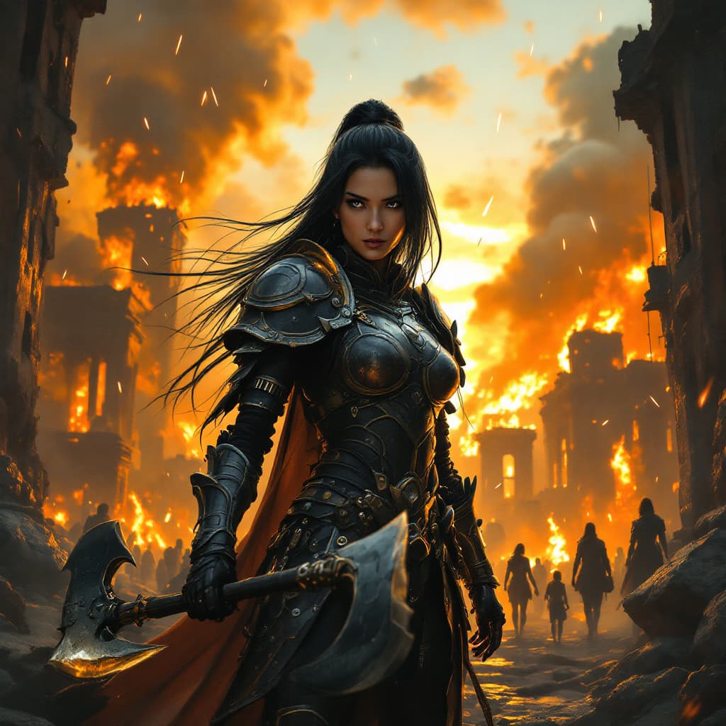 AI generated: A strong Indonesian warrior woman with straight black hair, wearing a very detailed and hot leather ...