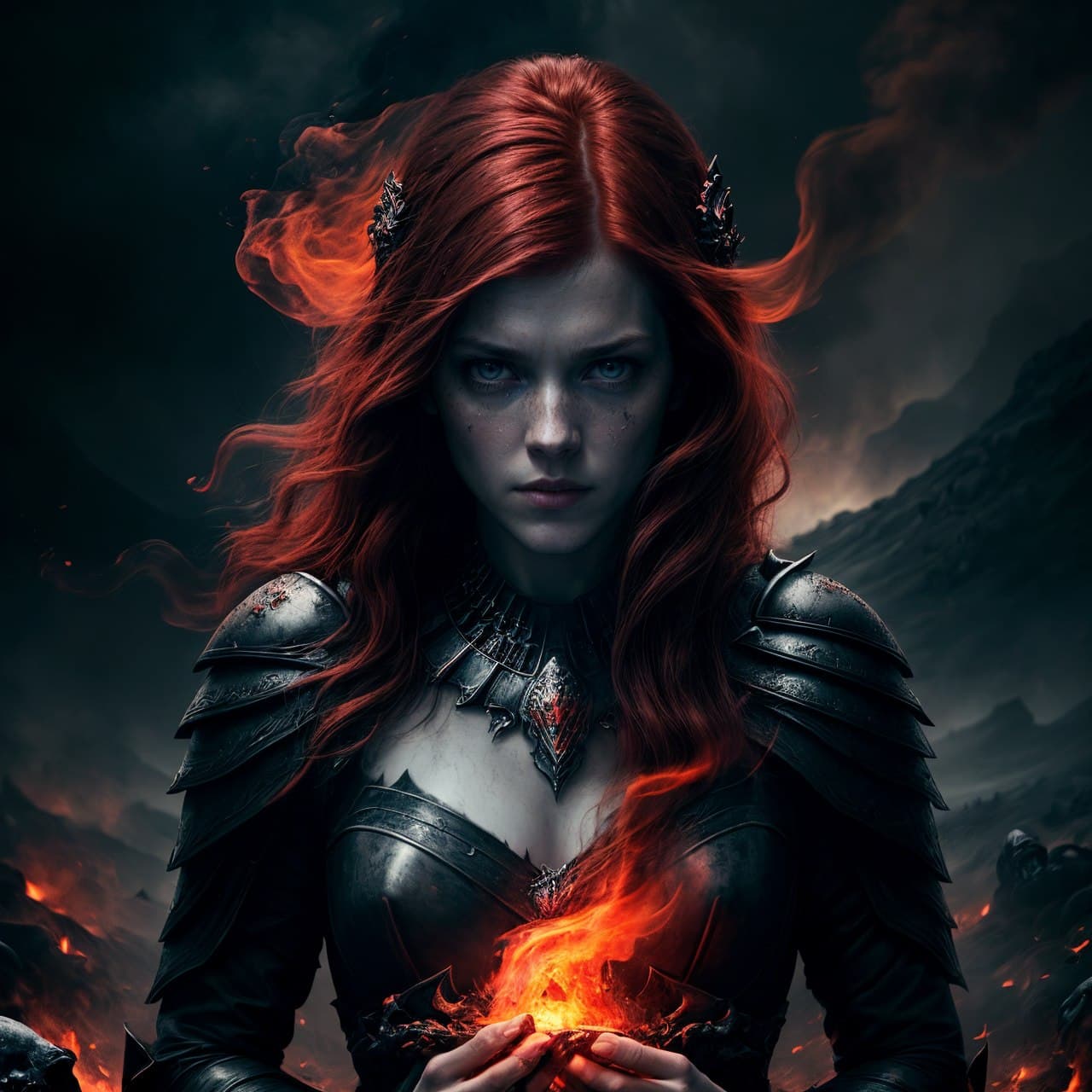 AI generated: Actress Rose Leslie as a dark evil beautiful queen emerging from hell with skulls, lava and smoke el...