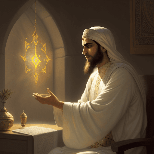 AI generated: A fantasy painting of the Prophet Muhammad sitting peacefully and quietly surrounded by a radiant li...