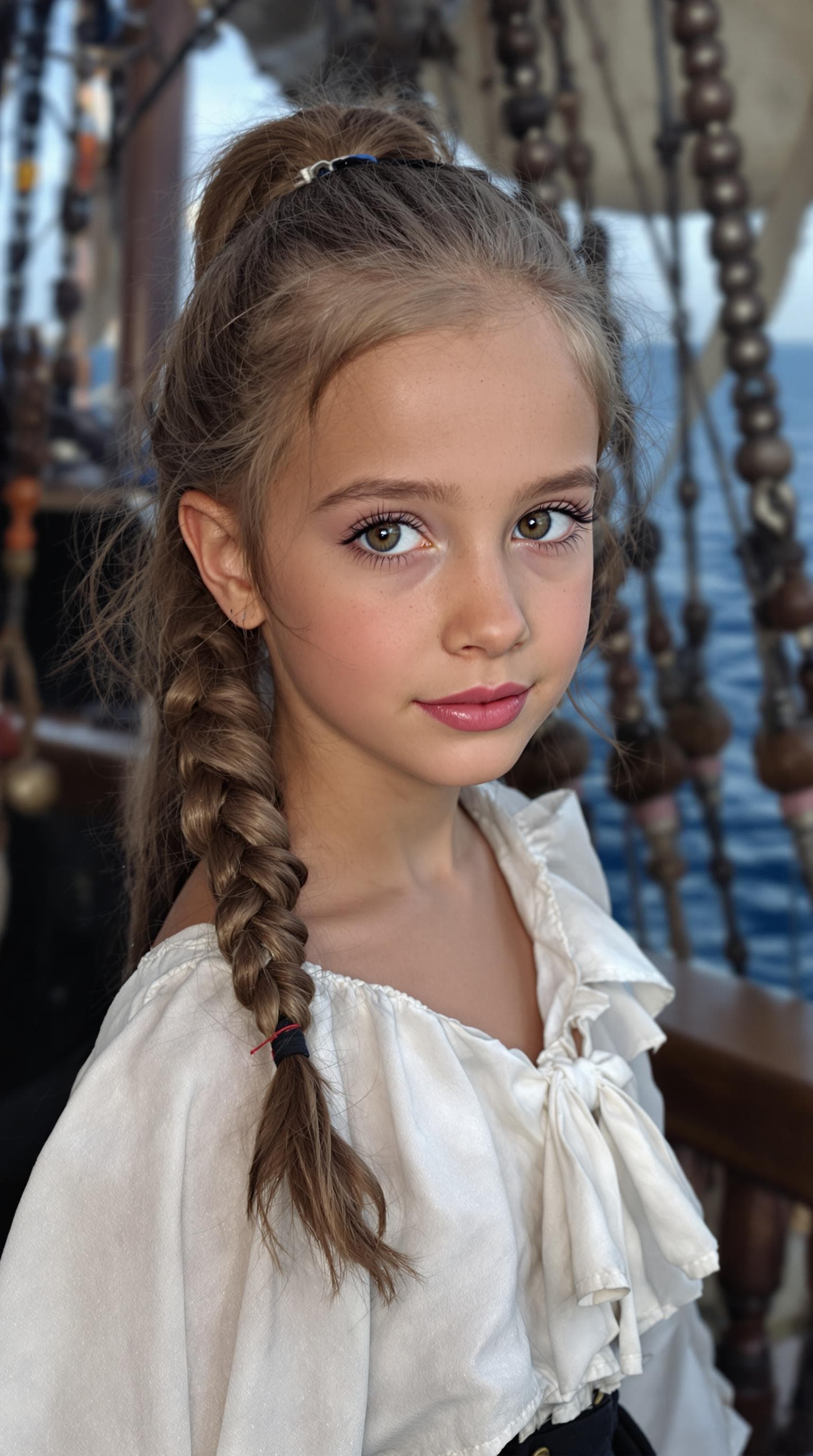 AI generated: a professional photo of a exceptionally beautiful girl aboard pirate ship at sea (age 7), (seven yea...