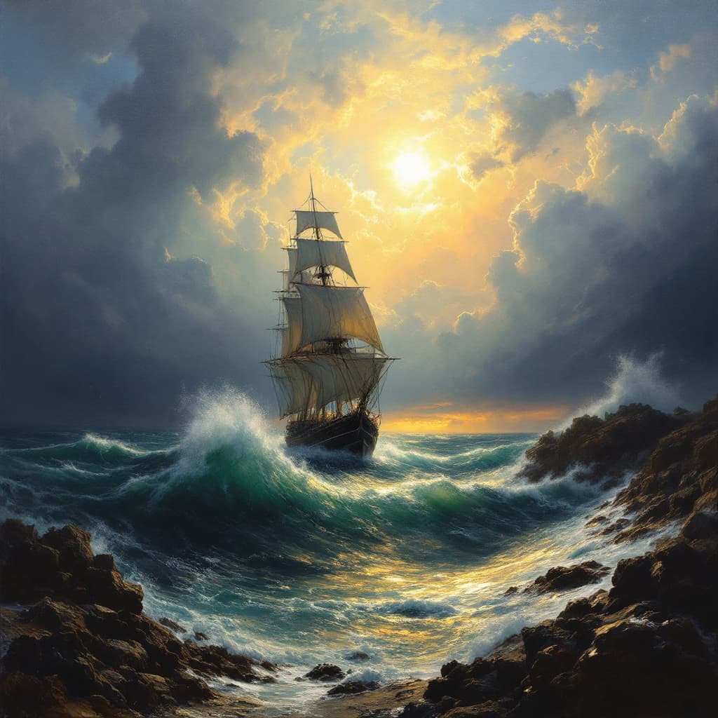 AI generated: A dramatic seascape with a stormy sky, a sailing ship battling towering waves near a rocky coastline...