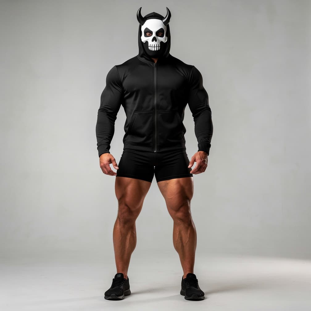 AI generated: A big muscular man wearing black short shorts and a black unzipped jacket with a hood plus a black m...
