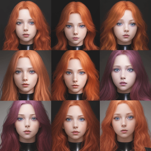AI generated: Photo of a ultra realistic 12 girls with red blonde hair and deep violet eyes