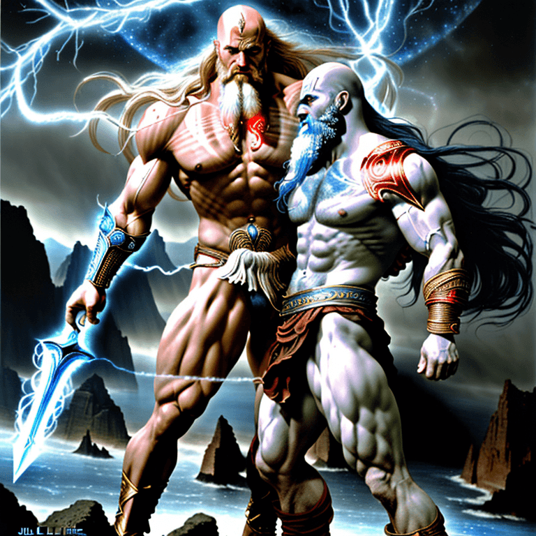 AI generated: zeus and kratos epic fight, muscular, long flowing hair, athletic, ethereal, cosmic, sharp focus, ul...