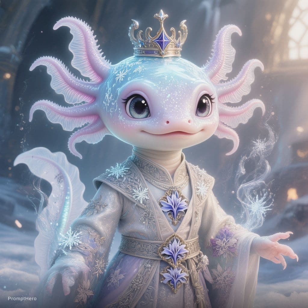 AI generated: A mystical humanoid axolotl prince, inspired by a cute axolotl mixed with a graceful young royal. So...