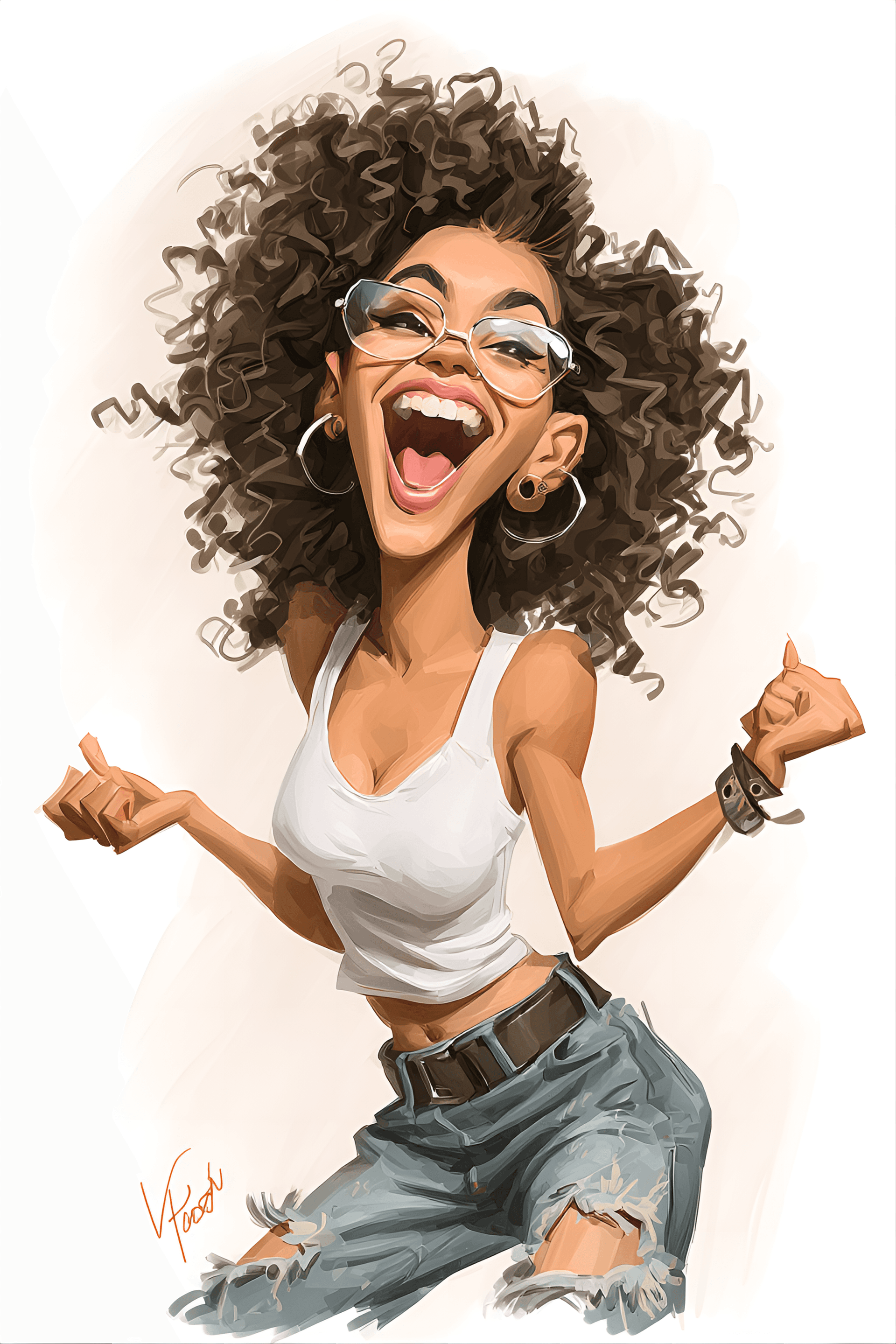 AI generated: funny caricature, hip-hop dancer caricature, young african-american female, 20 years old, big curly ...