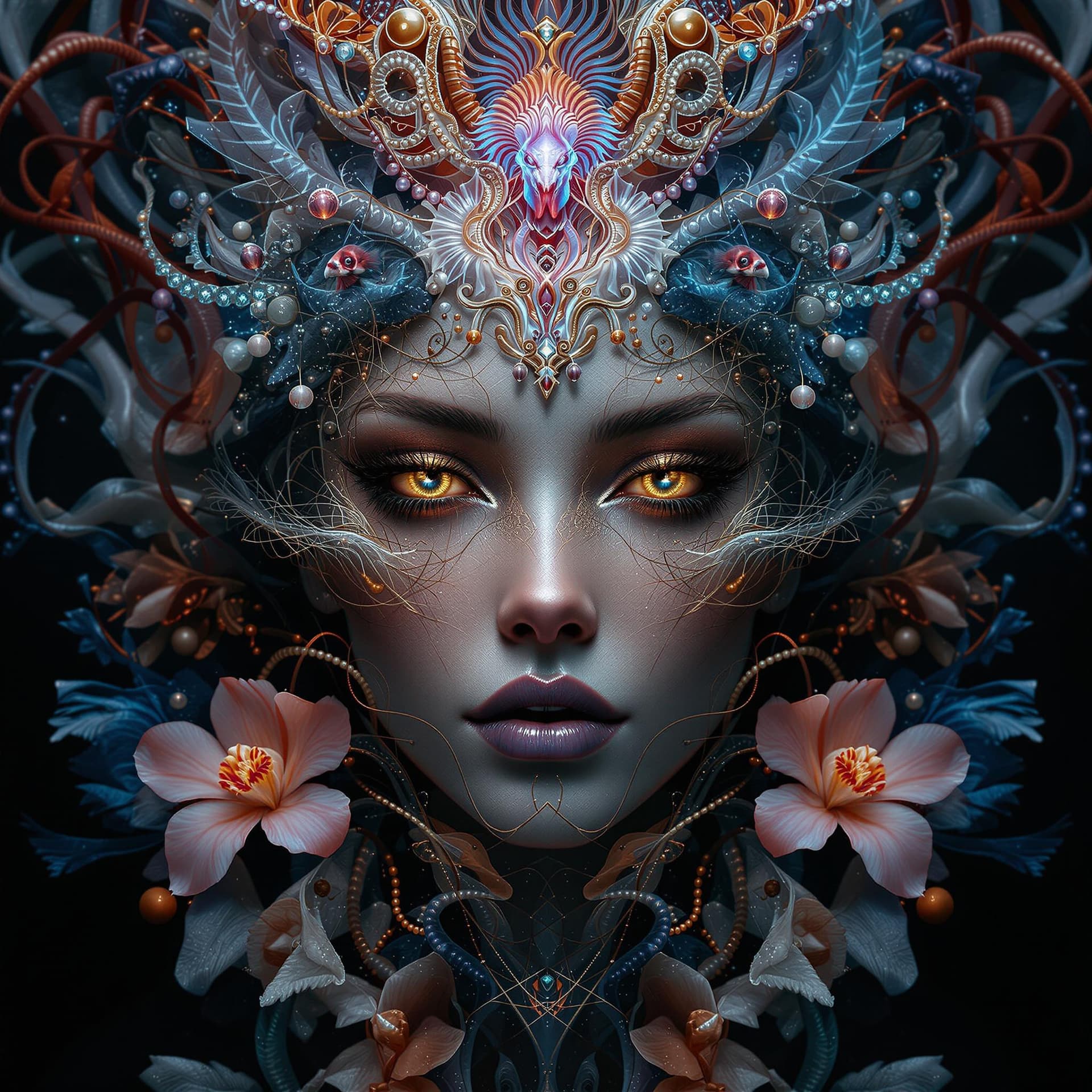 AI generated: Goddess close-up portrait ribcagel. jellyfish phoenix head, nautilus, orchid, skull, betta fish, bio...
