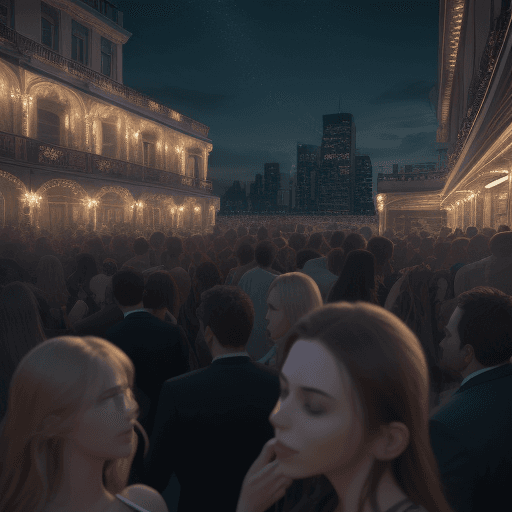 AI generated: Hyper realistic level exterior photo of a person bored on a party , night, a lot of people, big part...