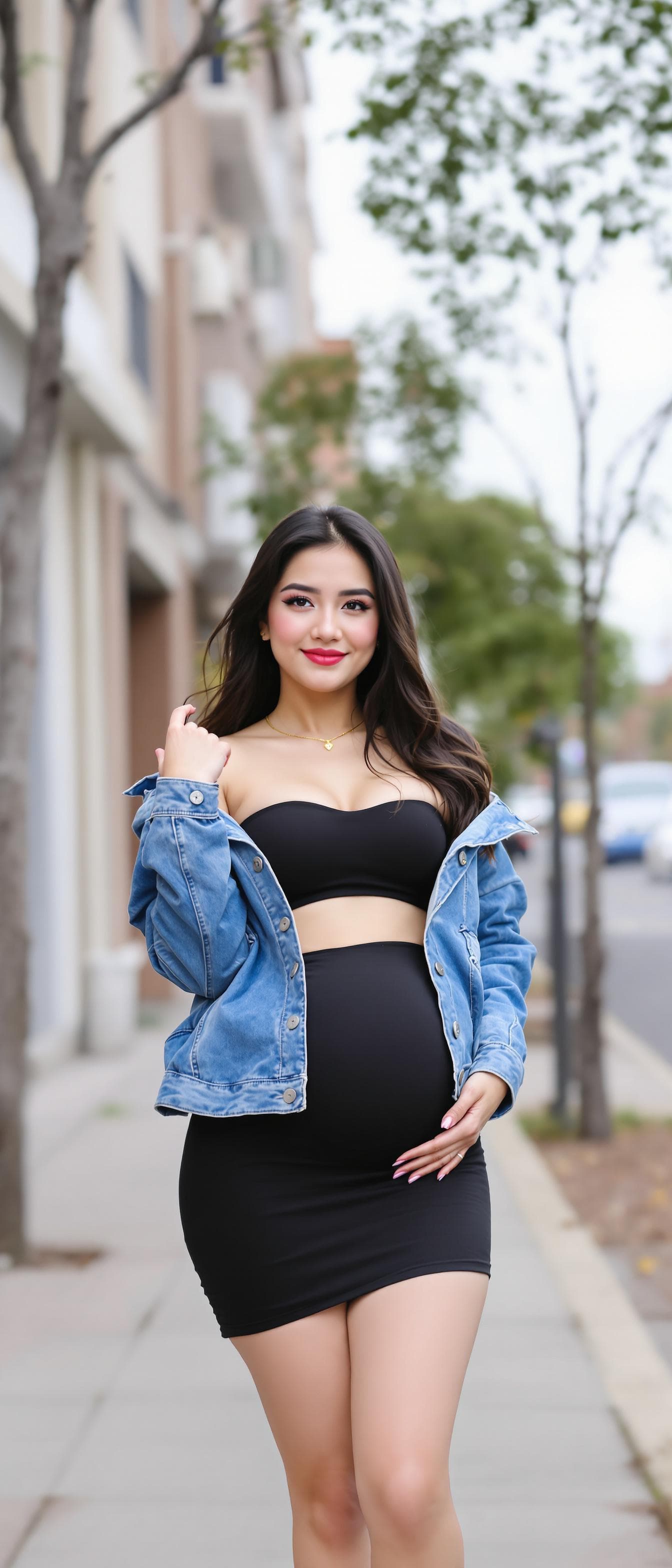 AI generated: 3D style, beautiful, wearing a casual clothes , denim jacket, strapless, black mini skirt,  thighs l...
