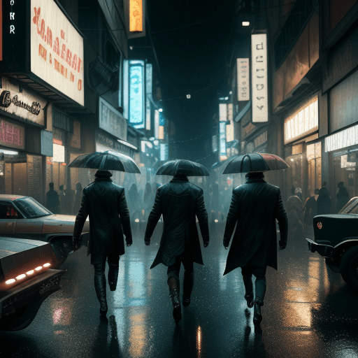 AI generated: Young men in blade runner, photo, light box, three point lighting, film grain, epic movie poster, fl...