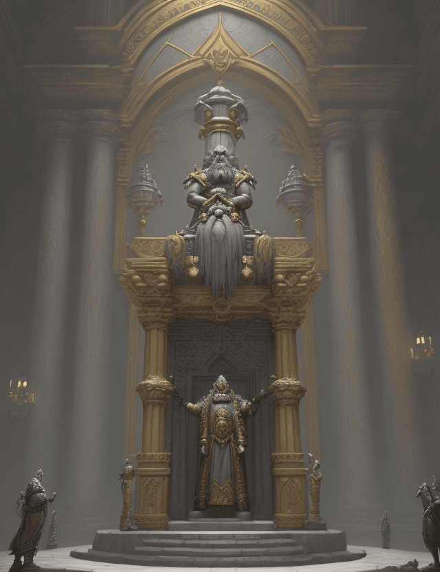 AI generated: antique fantasy dwarf vault, high grey stone columns, tall gold statue of dwarf king by Greg Rutkows...