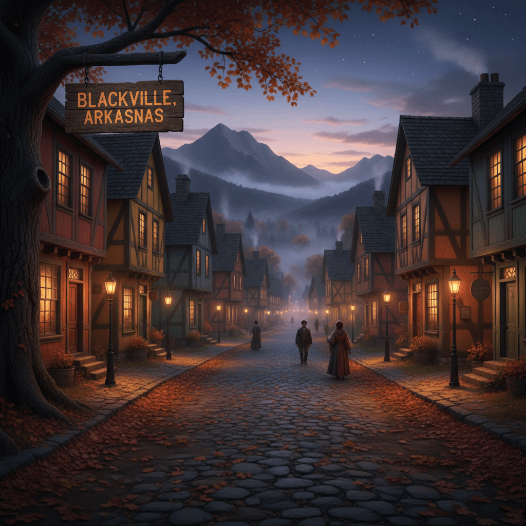 AI generated: A fall evening Street in an Historic Black American Village with Colorful Timber-Framed Houses and a...