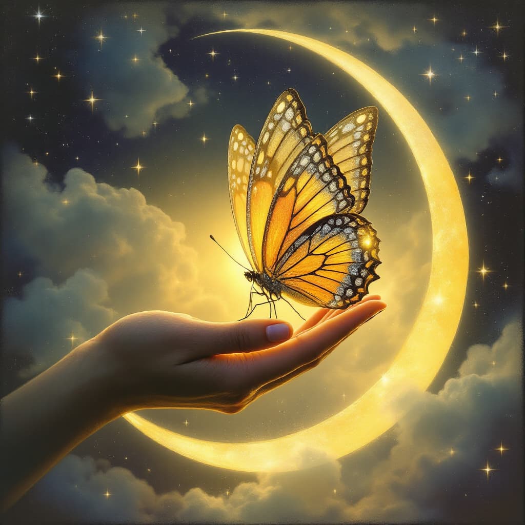 AI generated: Like a butterfly set free,
Dancing swift to touch the sky—
Then rests upon the crescent moon,
A silv...