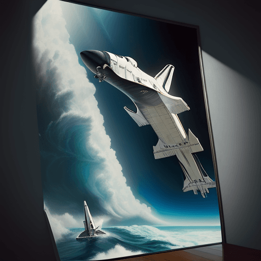 AI generated: Hyper realistic eye level exterior photo of a mid century modern space shuttle flying over the ocean...