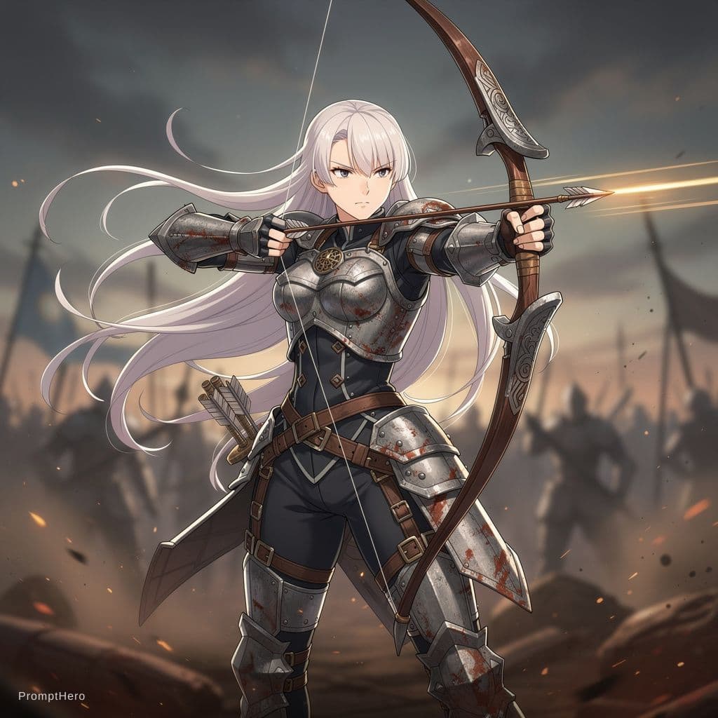 AI generated: Feminine and elegant anime-style archer warrior character with long, flowing white hair and a stern ...