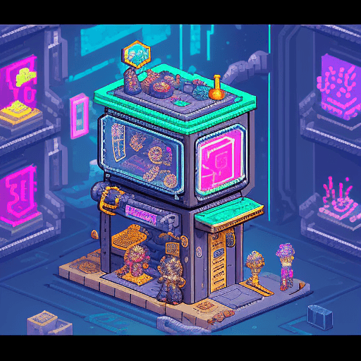 AI generated: secret jeweler workshop, style of cyberpunk edgerunners, pixel art up to down