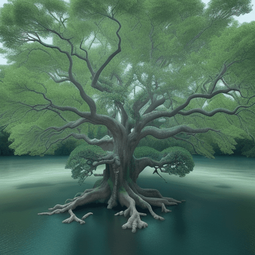 AI generated: the Angel Oak tree house, intricate ornate treehouse in a amazing gigantic turquoise Angel Oak, on t...