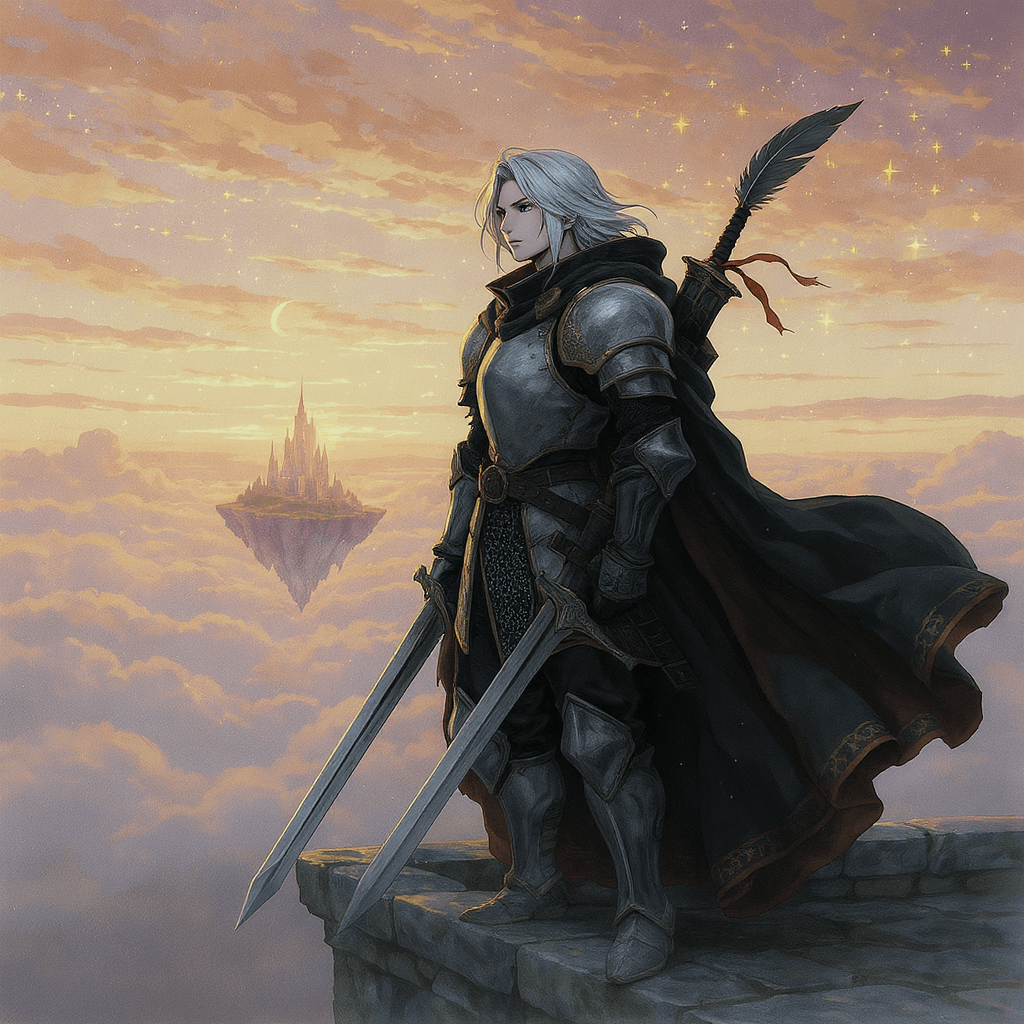 AI generated: A lone knight in 16-bit pixel art, in the style of Final Fantasy IX, standing on an ancient stone te...