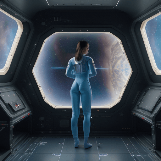 AI generated: girl dressed in space suit, standing inside spaceship, rear view, (((bottomless))), looking at cosmo...