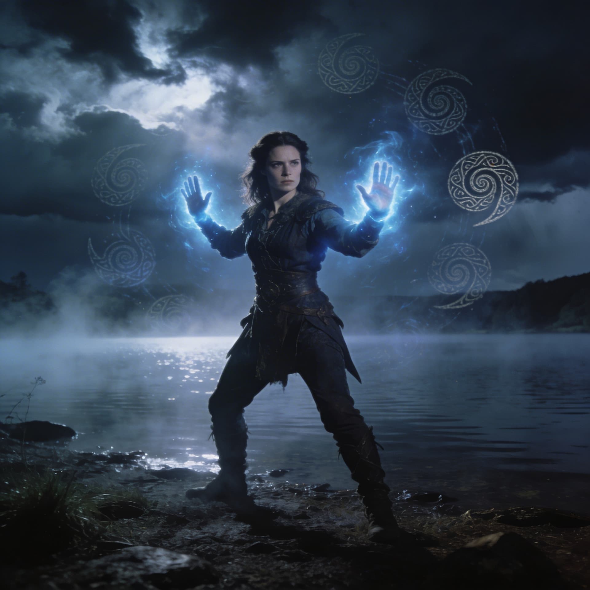 AI generated: 1980s movie style Claire standing at misty lake shore, hands raised with glowing blue energy, ancien...
