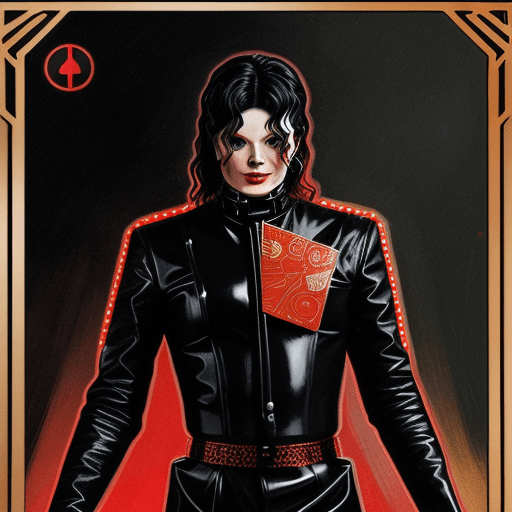 AI generated: black and red cyberpunk neon tarot card design, Michael Jackson wearing black leather uniform,  "Str...