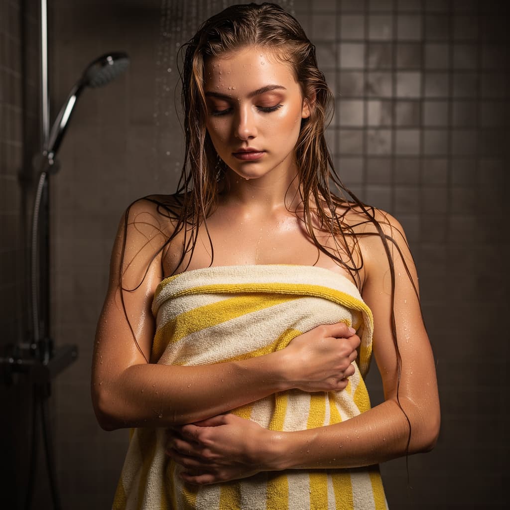 AI generated: A vertical, medium close-up studio shot captures a young adult female in a shower setting. The woman...