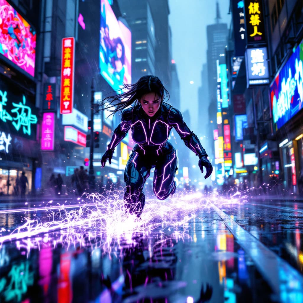 AI generated: A futuristic woman with glowing violet streaks of energy flowing through her suit zooms down a rain-...