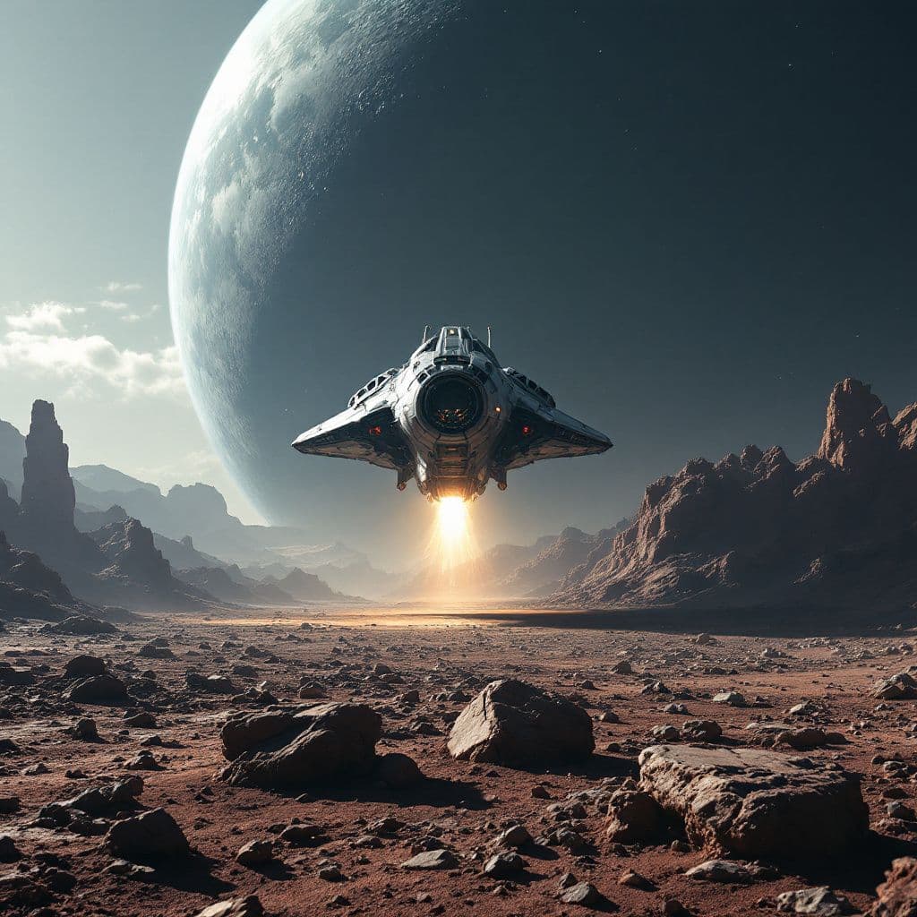 AI generated: A scene of a spaceship landing on an alien planet. The style is reminiscent of a science fiction mov...