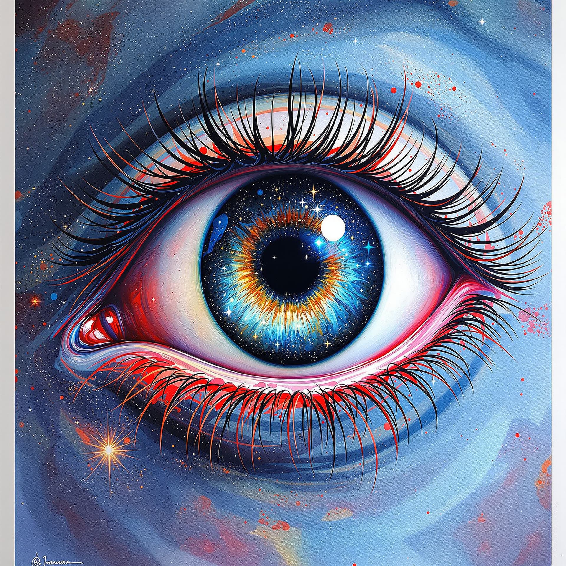 AI generated: surreal, psychedelic, a painting of a highly detailed eye with a reflection in it of the universe wi...