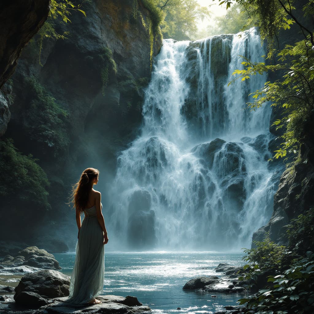 AI generated: Hyper realistic,woman, standing, near a water fall 
