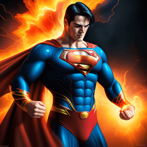 AI generated: Superman transforms into Super hero in incendiary display of fire enveloping bending to his will, vi...