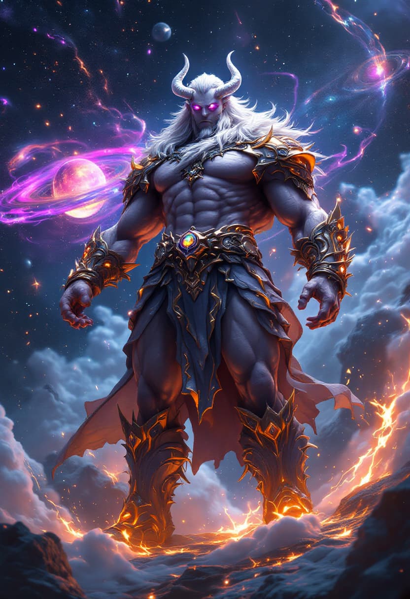 AI generated: God of Sound, full-body, Etherial, muscular, No mouth, hair or Beard, Glowing Rainbow eyes, epic, ci...