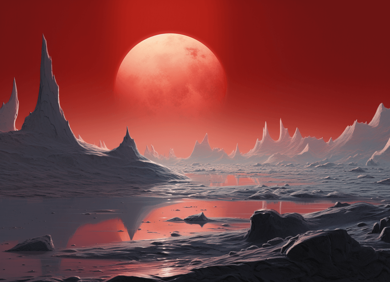 AI generated: An ice planet with a red moon in the sky, in the style of Ralph McQuarrie and Roger Dean --v 5.2 --a...