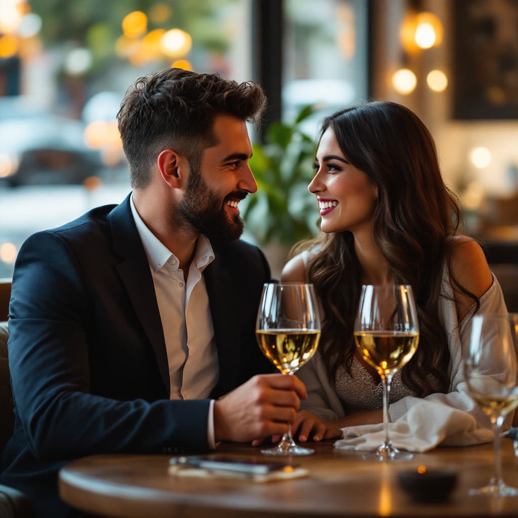 AI generated: A dating situation of a man and woman discussing and drinking wine in a restaurant well with good am...