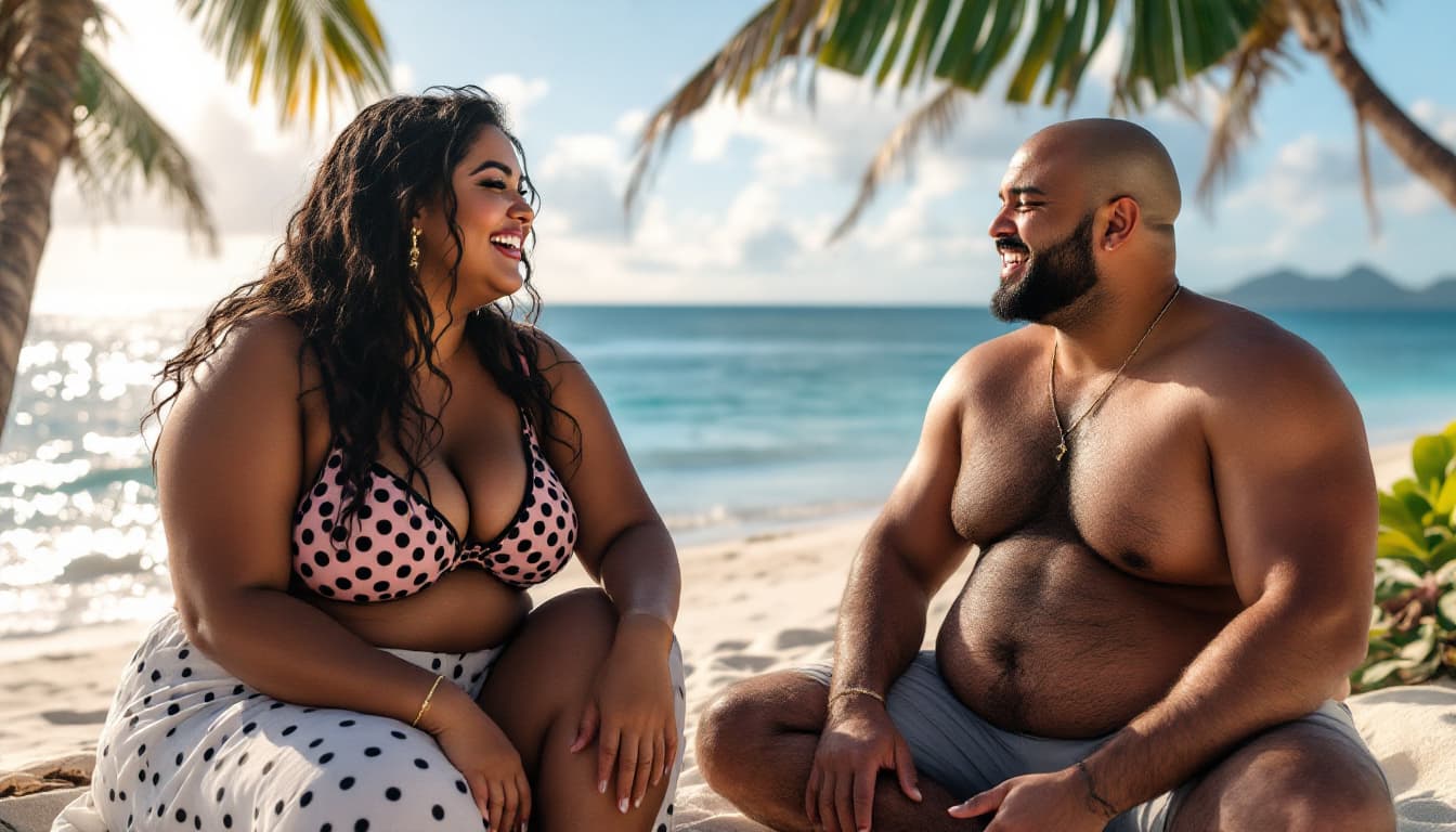 AI generated: hot Indian smiley sexy medium plus size woman laughing out loud with a sexy man with six pack belly,...