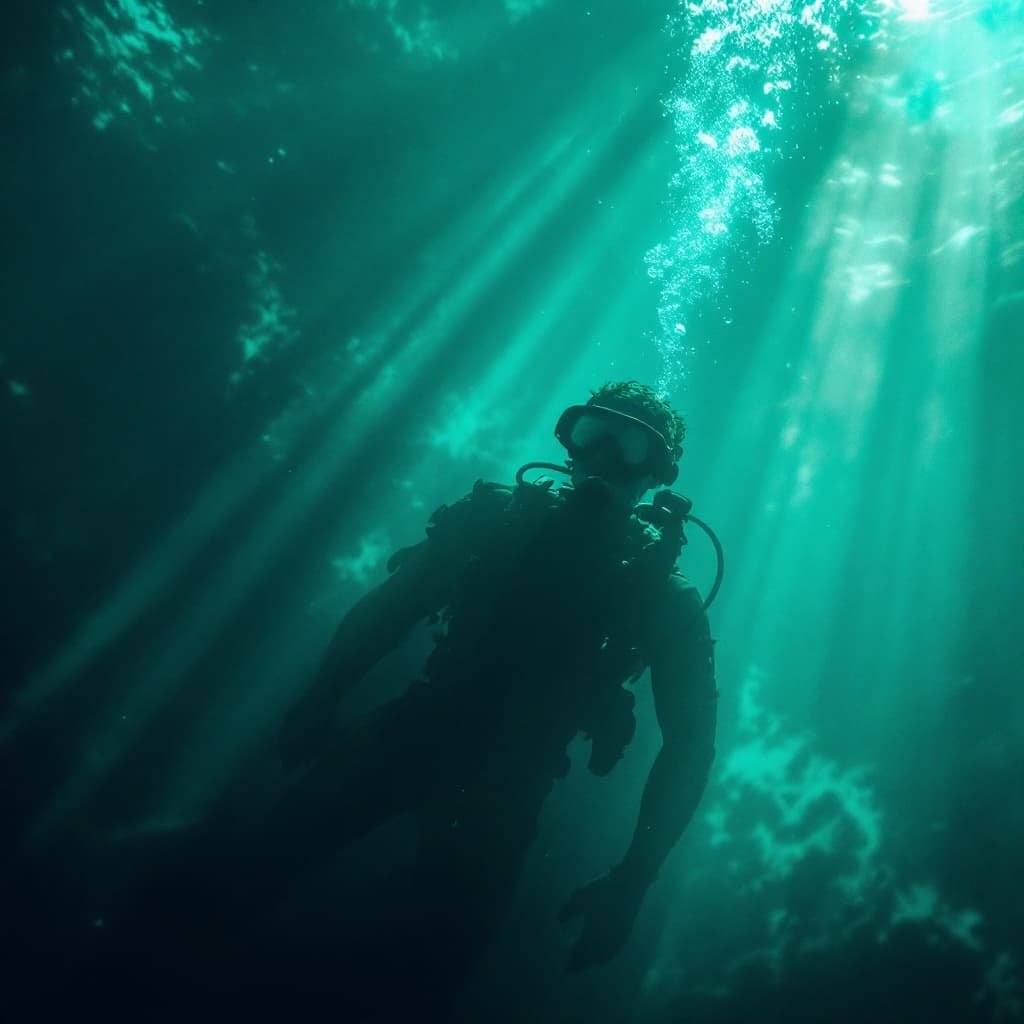 AI generated: emerald color serene underwater scene depicting a lone diver, floating gracefully in a beam of sunli...