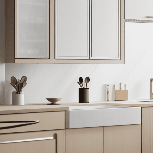 AI generated: modern kitchen, sleek eggshell light beige finishes, with a beige and wood, white marble, EF 24mm f/...