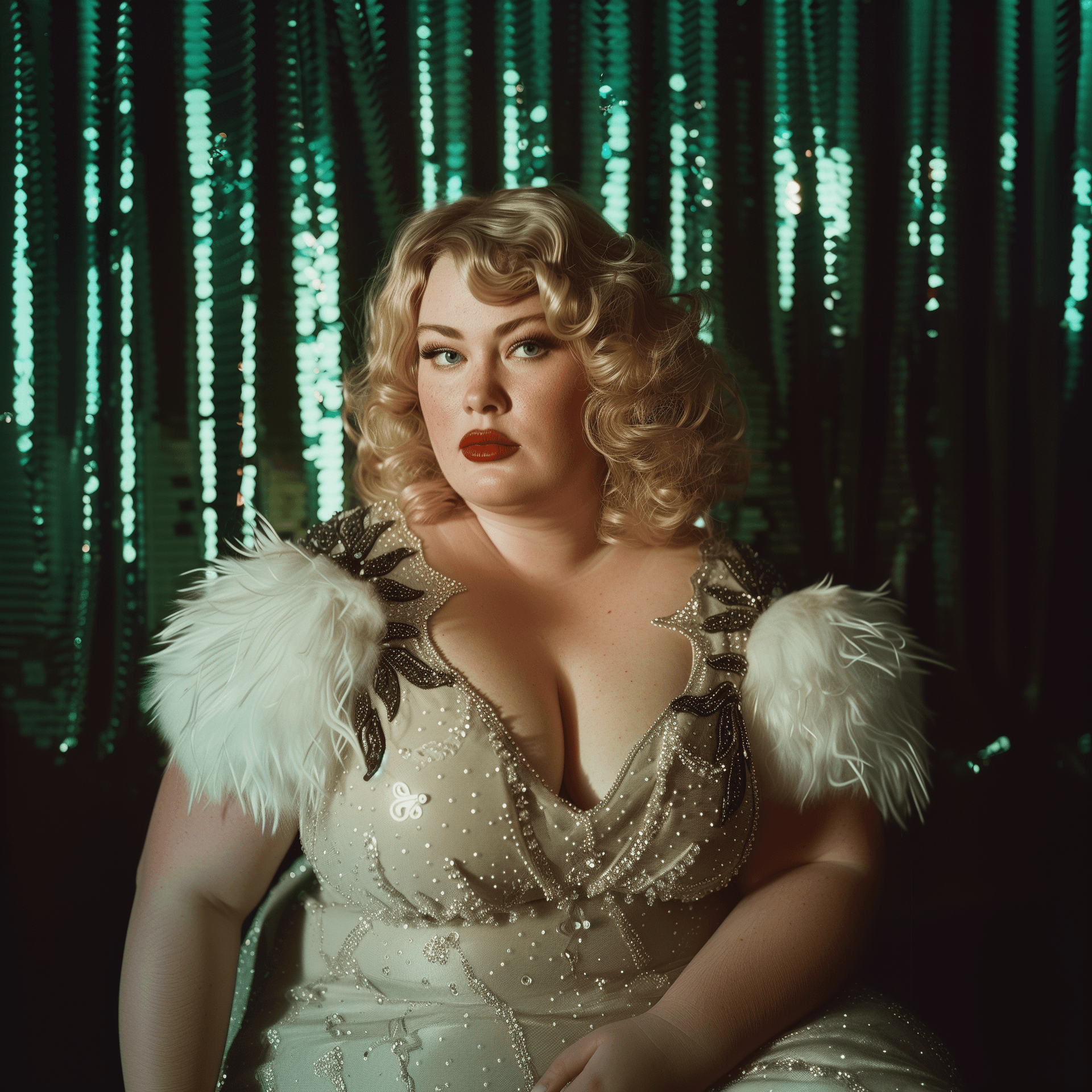 AI generated: A photograph of an overweight woman with blonde hair and blue eyes, wearing a white dress adorned wi...