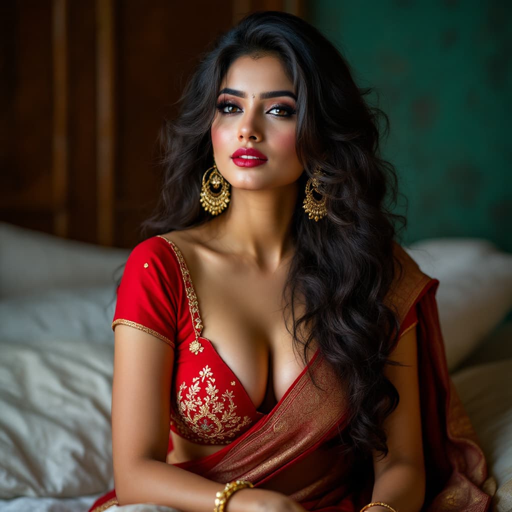 AI generated: hot glamour young indian aunty wearing only blouse without saree Only bra seating the bed 