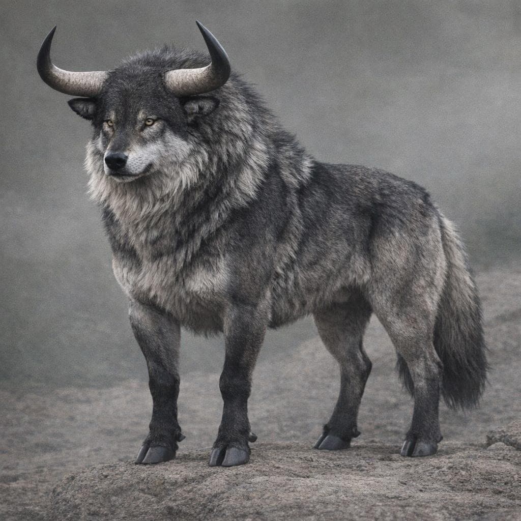 AI generated: create a new creature that is a mix of a bull and Wolf