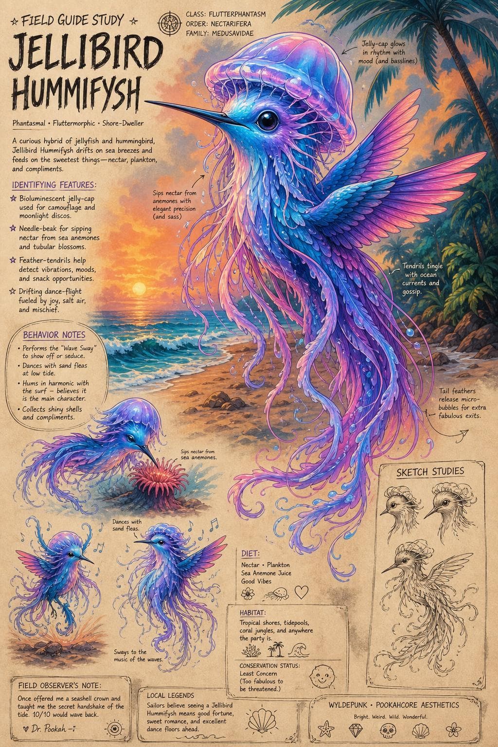 AI generated: A whimsical field guide study featuring a phantasmal ghost in the form of a jellyfish blended with a...