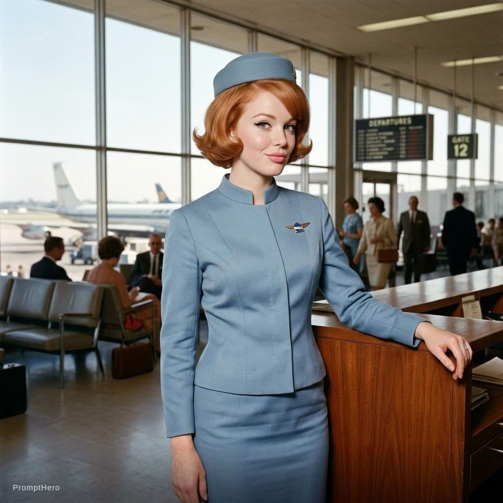 AI generated: (photo of a hot stewardess posing for playboy magazine), (breathtaking:1.58), ((wearing light blue s...